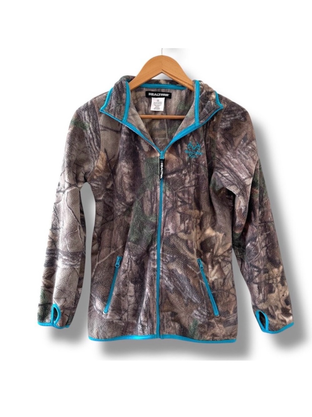 Realtree Xtra Camo Full Zip Fleece Jacket Blue Trim Women's Size Small Hunting